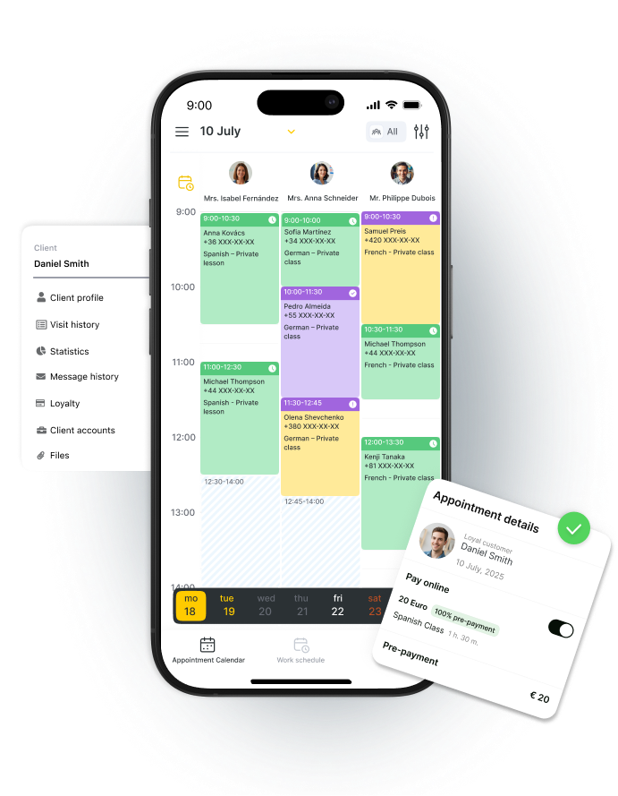 Mobile app interface showing student management calendar and appointment details